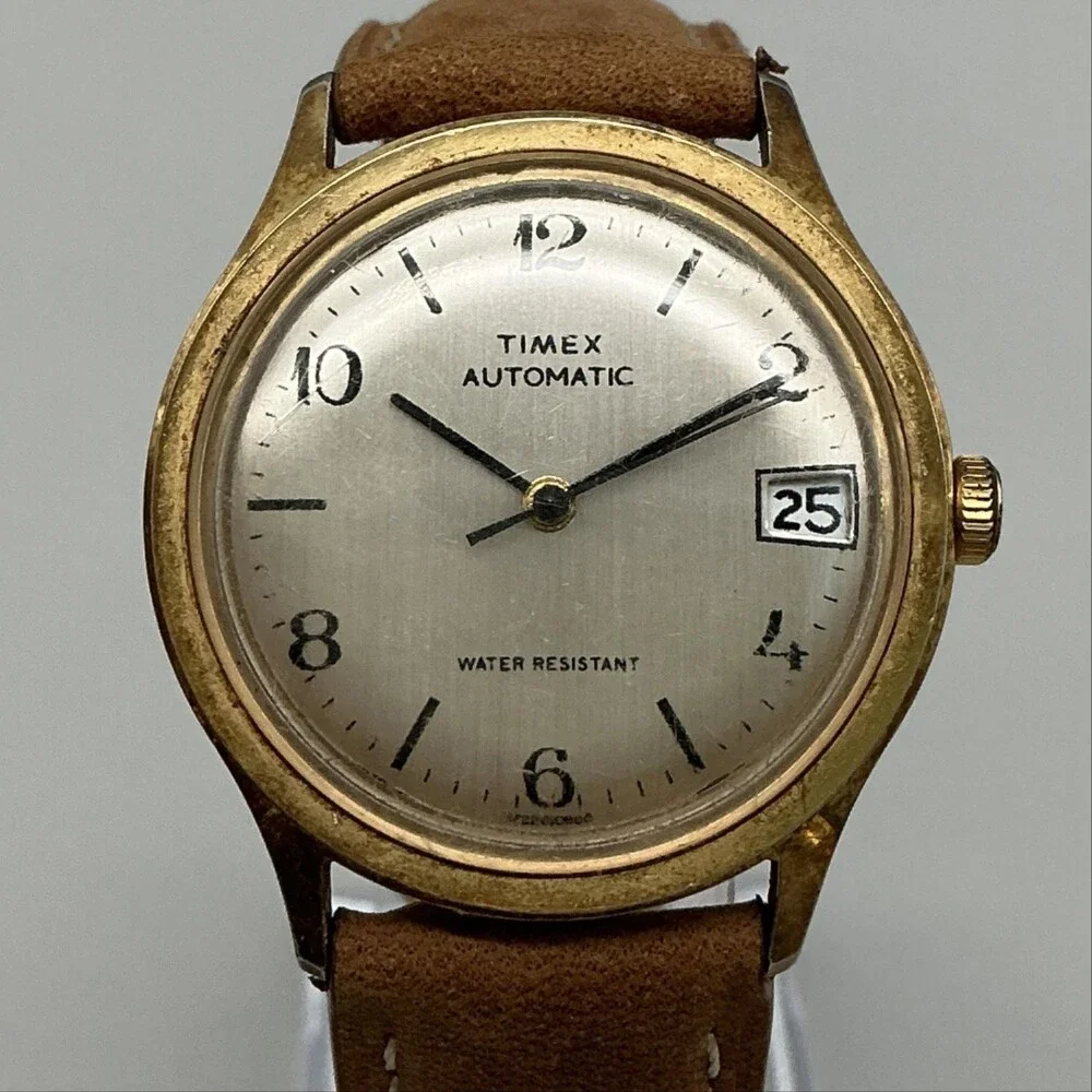 Vintage Timex Automatic Mens Watch 35mm Gold Tone Date Brown Leather Strap
